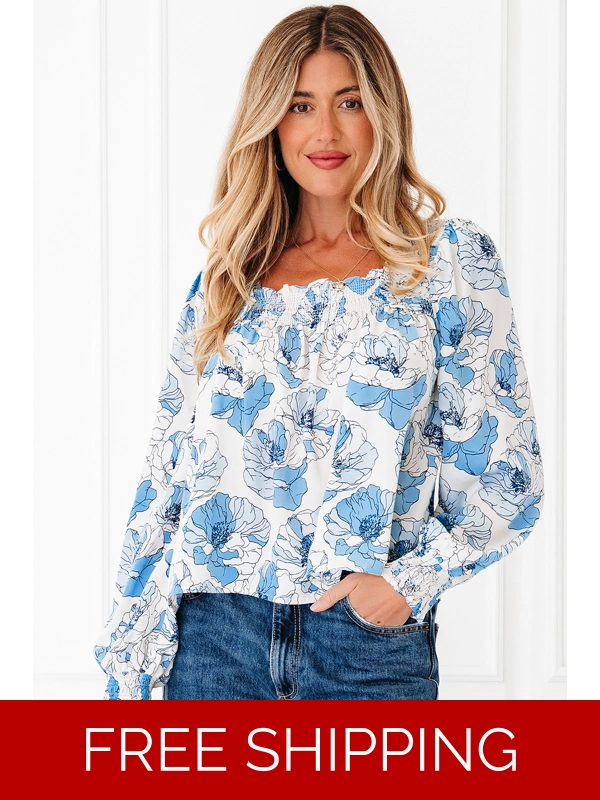 Sky Blue Floral Print Frilly Smocked Square Neck Long Sleeve Blouse